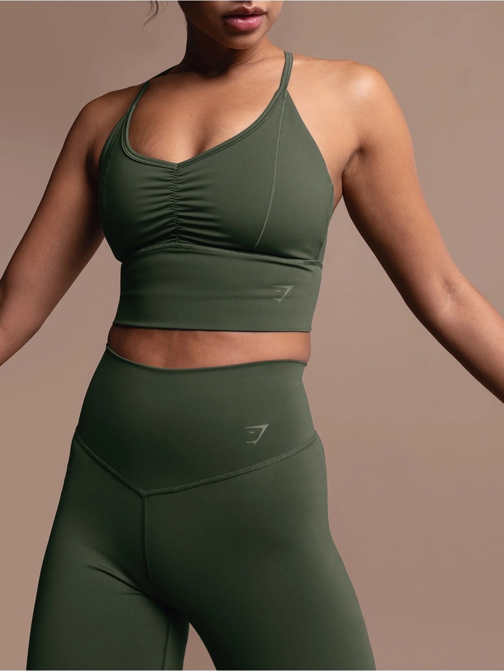 Gymshark Olive Green Ruched Longline Sports Bra
